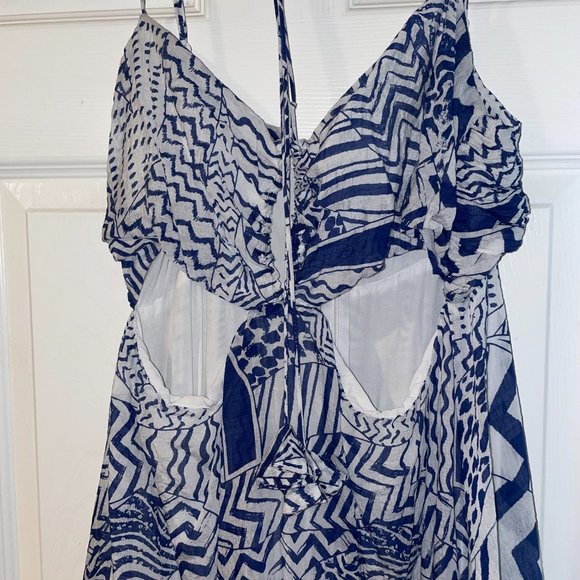 Blue and White Printed Cutout Halter Midi Dress - Aqua Bloomingdales LARGE - Picture 4 of 7